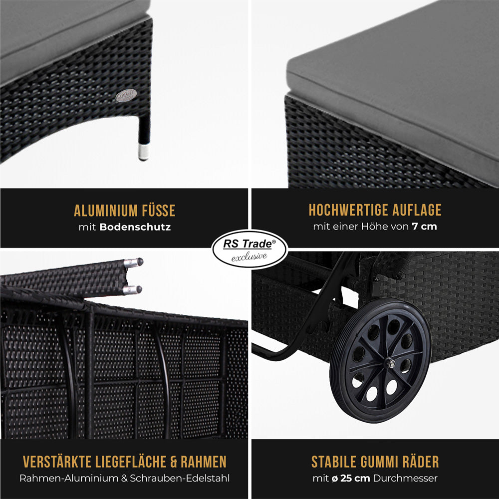 Detailbilder der Sonnenliege: Handgeflochtenes Rattan, Rollen, Füße, Rahmen und Liegefläche. Schwarz / Grau.
