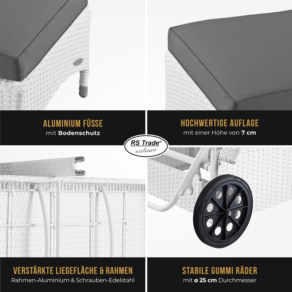 Detailbilder der Sonnenliege: Handgeflochtenes Rattan, Rollen, Füße, Rahmen und Liegefläche. Weiß / Grau.