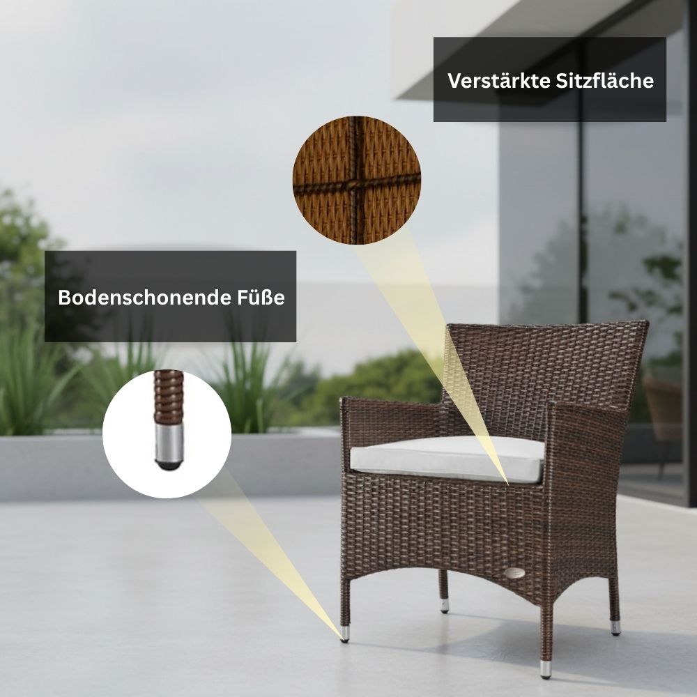 Detailansicht des Gartenstuhls „Trento“ mit verstärkter Sitzfläche und bodenschonenden Füßen. Stabiler Polyrattan-Stuhl in Braun für langlebige Nutzung auf Terrasse und Balkon.