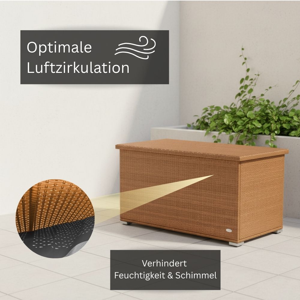Naturfarbene Polyrattan-Auflagenbox mit belüftetem Boden für optimale Luftzirkulation und trockene Aufbewahrung von Gartenauflagen, verhindert Feuchtigkeit und Schimmel.