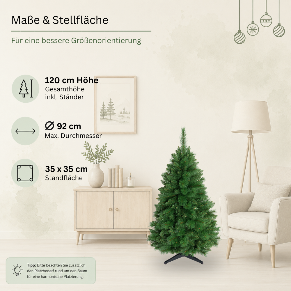 Künstlicher Weihnachtsbaum HXT 1101 mit 120 cm Höhe, 92 cm maximalem Durchmesser und 35 × 35 cm Standfläche.