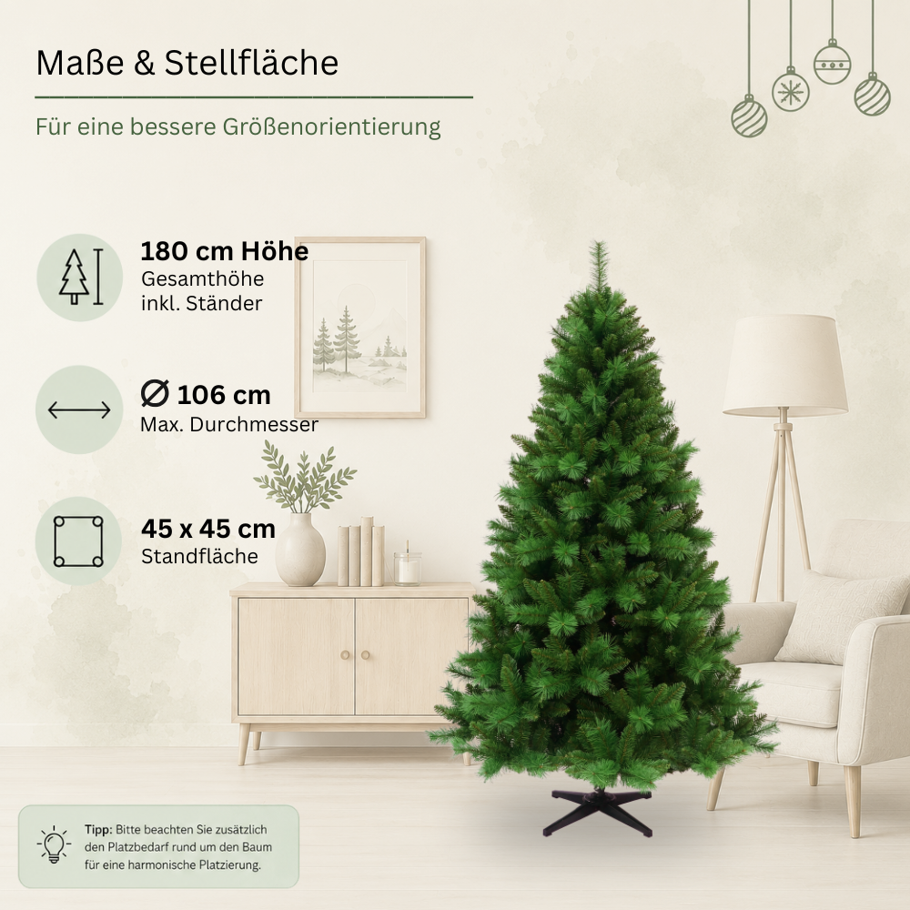 Künstlicher Weihnachtsbaum HXT 1101 mit 180 cm Höhe, 106 cm maximalem Durchmesser und 45 × 45 cm Standfläche.