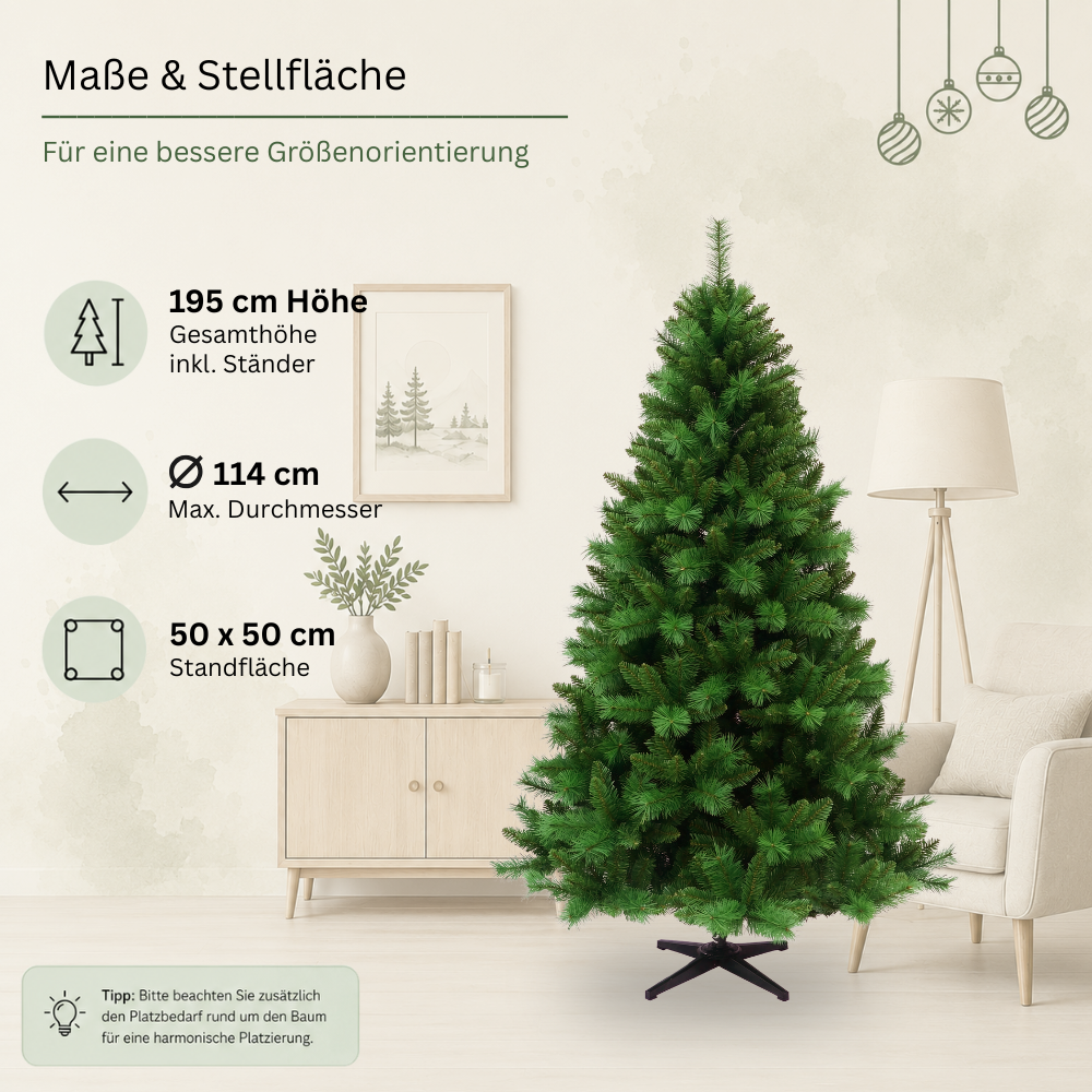 Künstlicher Weihnachtsbaum HXT 1101 mit 195 cm Höhe, 114 cm maximalem Durchmesser und 50 × 50 cm Standfläche.