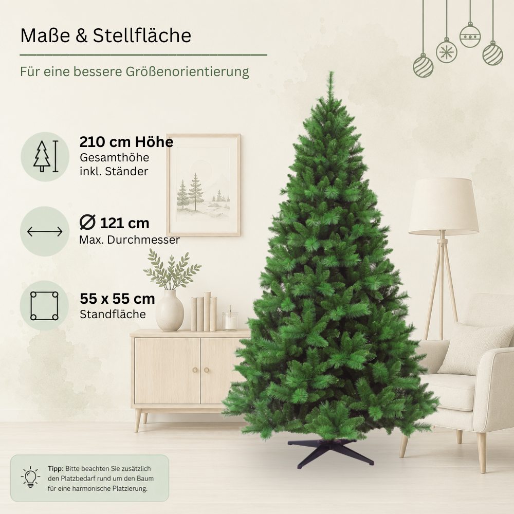 Künstlicher Weihnachtsbaum HXT 1101 mit 210 cm Gesamthöhe, 121 cm maximalem Durchmesser und 55 × 55 cm Standfläche.