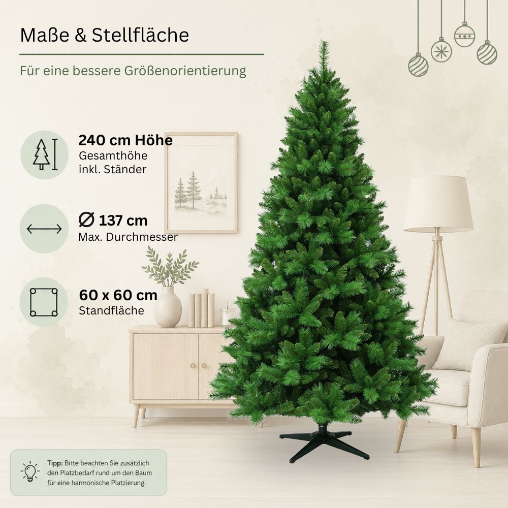 Künstlicher Weihnachtsbaum HXT 1101 mit 240 cm Höhe, 137 cm maximalem Durchmesser und 60 × 60 cm Standfläche.
