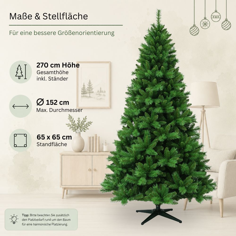 Künstlicher Weihnachtsbaum HXT 1101 mit 270 cm Höhe, 152 cm maximalem Durchmesser und 65 × 65 cm Standfläche.