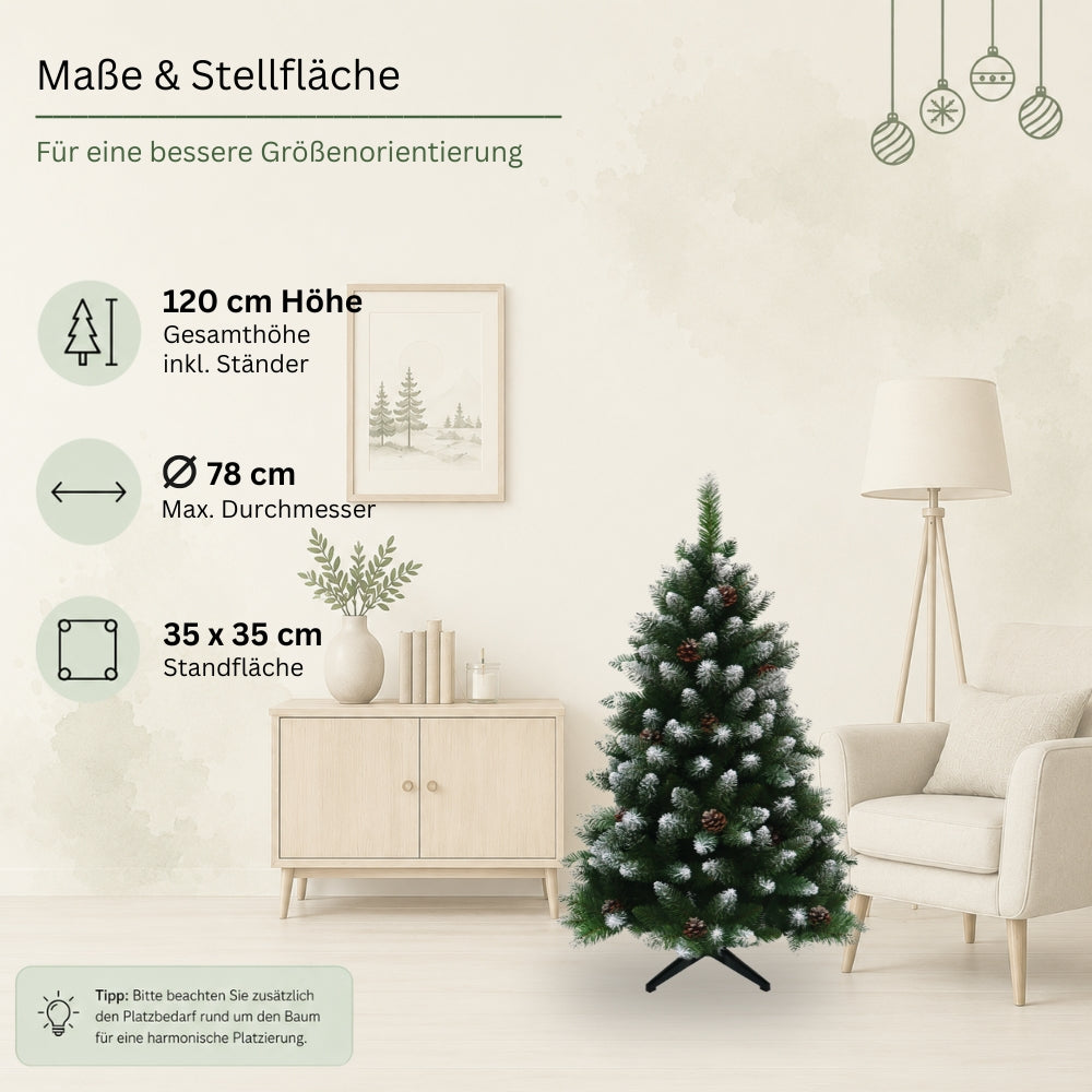 Künstlicher Weihnachtsbaum HXT 1101 mit 240 cm Gesamthöhe, 137 cm maximalem Durchmesser und 60 × 60 cm Standfläche.