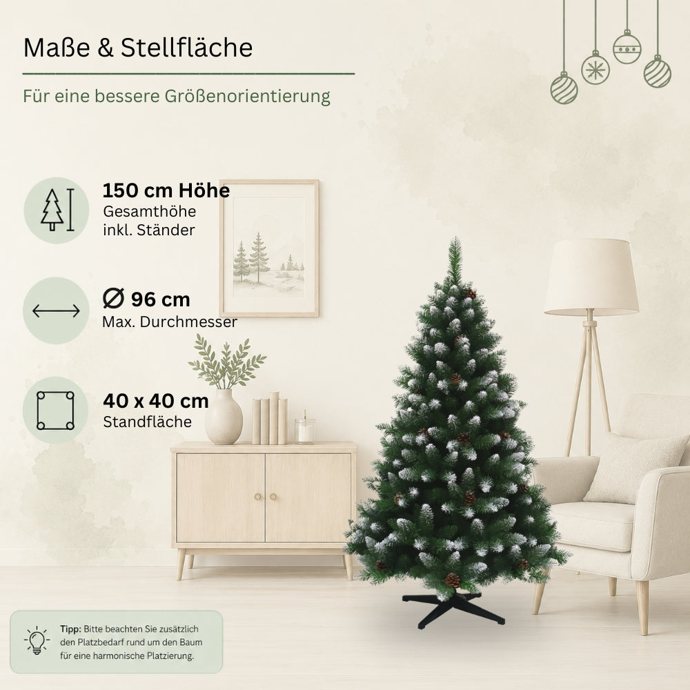 Künstlicher Weihnachtsbaum HXT 15013 mit 150 cm Höhe, 96 cm maximalem Durchmesser und 40 × 40 cm Standfläche.