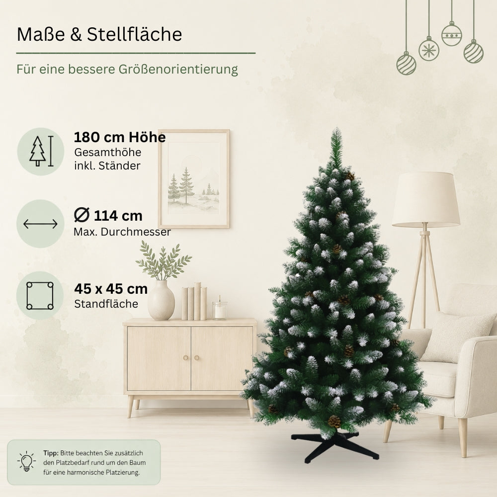 Künstlicher Weihnachtsbaum HXT 15013 mit 180 cm Höhe, 114 cm maximalem Durchmesser und 45 × 45 cm Standfläche.