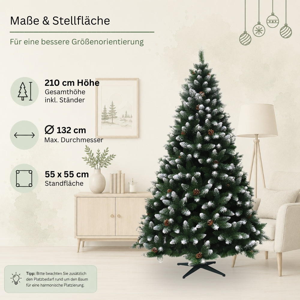 Künstlicher Weihnachtsbaum HXT 15013 mit 210 cm Höhe, 132 cm maximalem Durchmesser und 55 × 55 cm Standfläche.