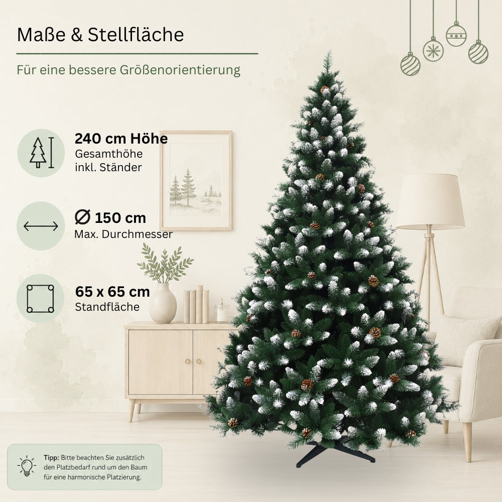 Künstlicher Weihnachtsbaum HXT 15013 mit 240 cm Höhe, 150 cm maximalem Durchmesser und 65 × 65 cm Standfläche.