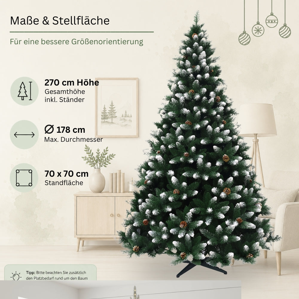Künstlicher Weihnachtsbaum HXT 15013 mit 270 cm Höhe, 178 cm maximalem Durchmesser und 70 × 70 cm Standfläche.