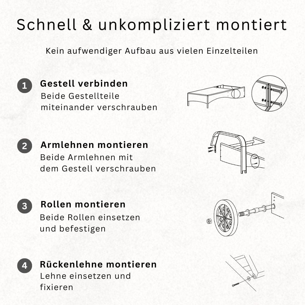 Montageanleitung für schwarze Polyrattan Sonnenliege, schneller Aufbau in 4 Schritten mit Gestell, Armlehnen, Rollen und Rückenlehne