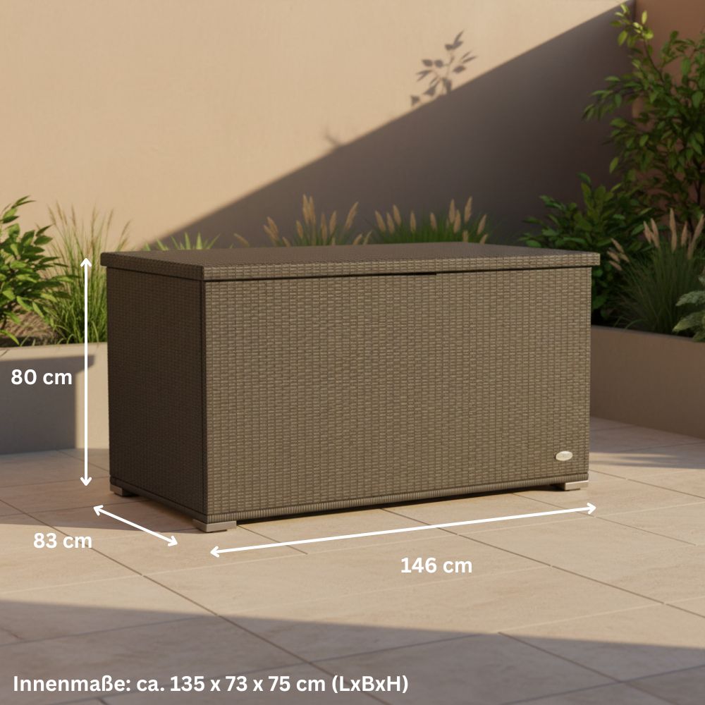 Graue Garten-Auflagenbox aus Polyrattan mit Außenmaßen 146 × 83 × 80 cm und Innenmaßen 135 × 73 × 75 cm für Gartenauflagen und Gartenzubehör.