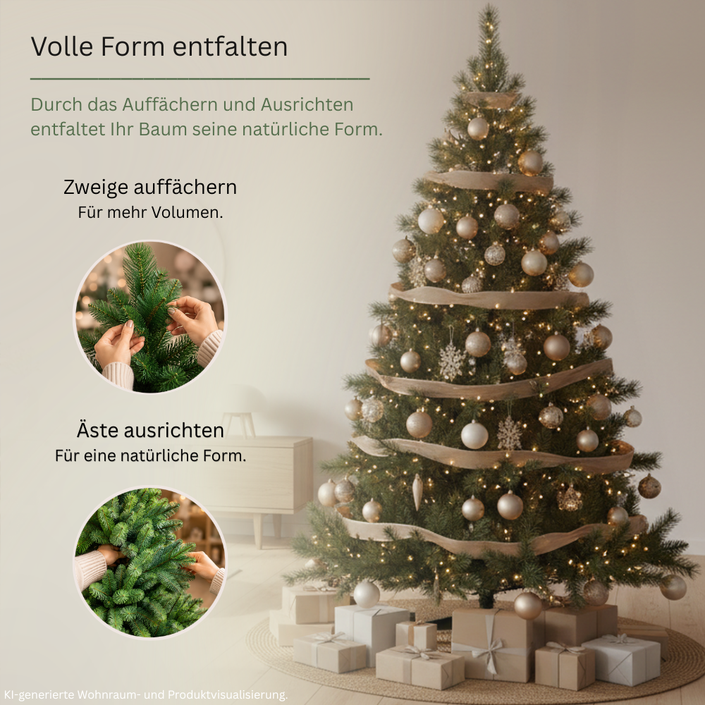 Künstlicher Weihnachtsbaum mit aufgefächerten Zweigen und ausgerichteten Ästen für eine volle, natürliche Baumform.