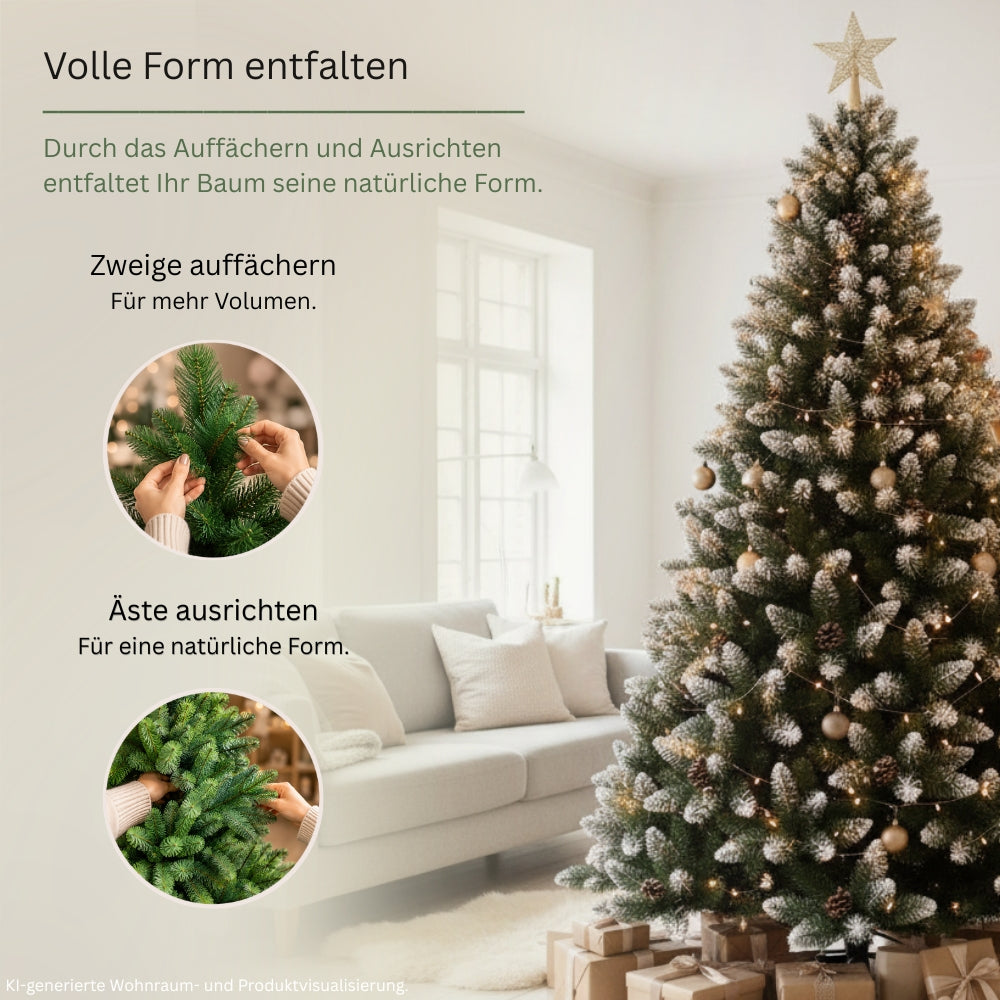 Anleitung zum Auffächern der Zweige und Ausrichten der Äste eines künstlichen Weihnachtsbaums für eine volle, natürliche Baumform.