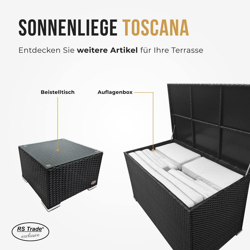 Schwarze Auflagenbox und Beistelltisch passend zu der Sonnenliege Toscana.