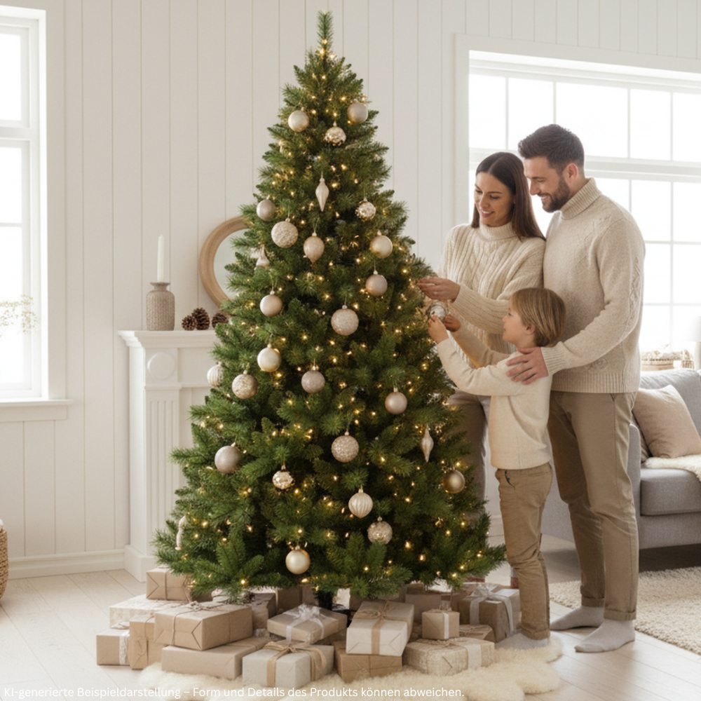 Geschmückter künstlicher Weihnachtsbaum mit goldenen Kugeln und warmweißer Beleuchtung, während eine Familie ihn gemeinsam dekoriert.