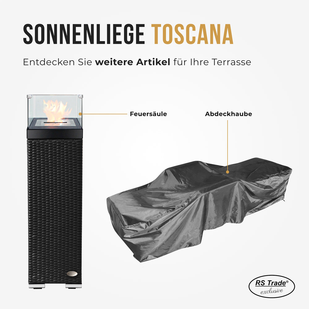 Graue Abdeckung für Sonnenliege und passende Feuersäule.