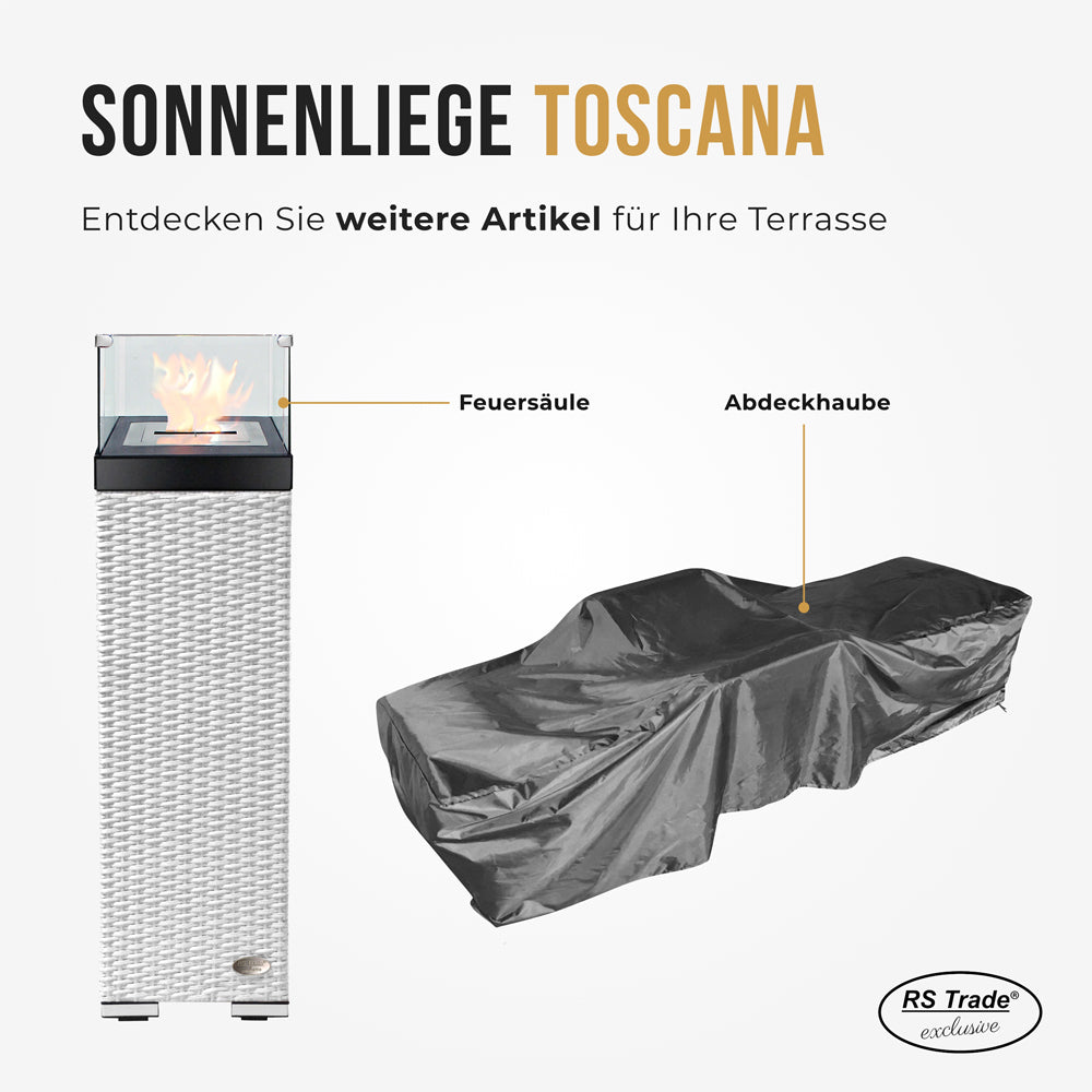 Weiße Abdeckung für Sonnenliege und passende Feuersäule.