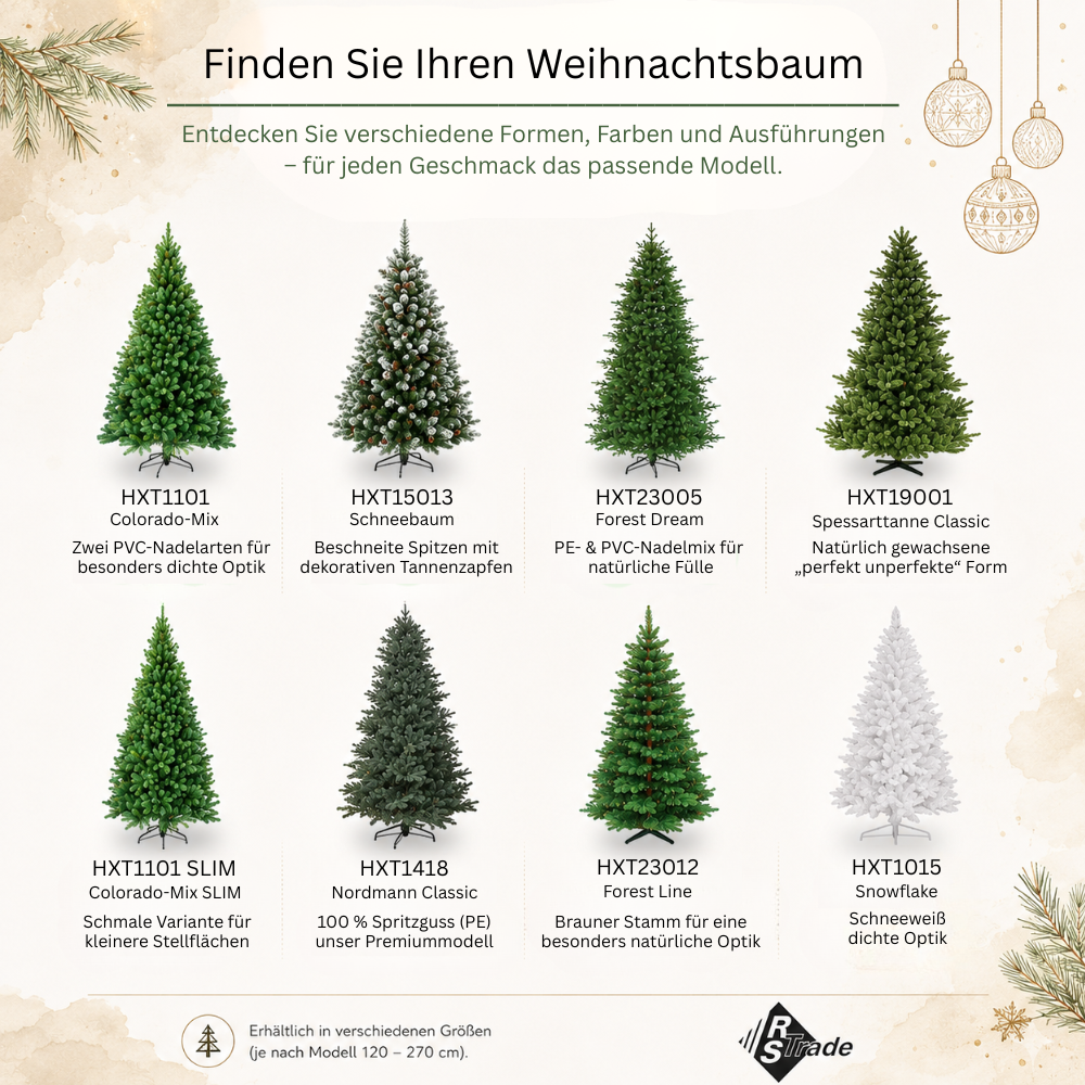 Übersicht von acht künstlichen Weihnachtsbaum-Modellen von RS Trade in verschiedenen Formen, Farben und Nadelarten.