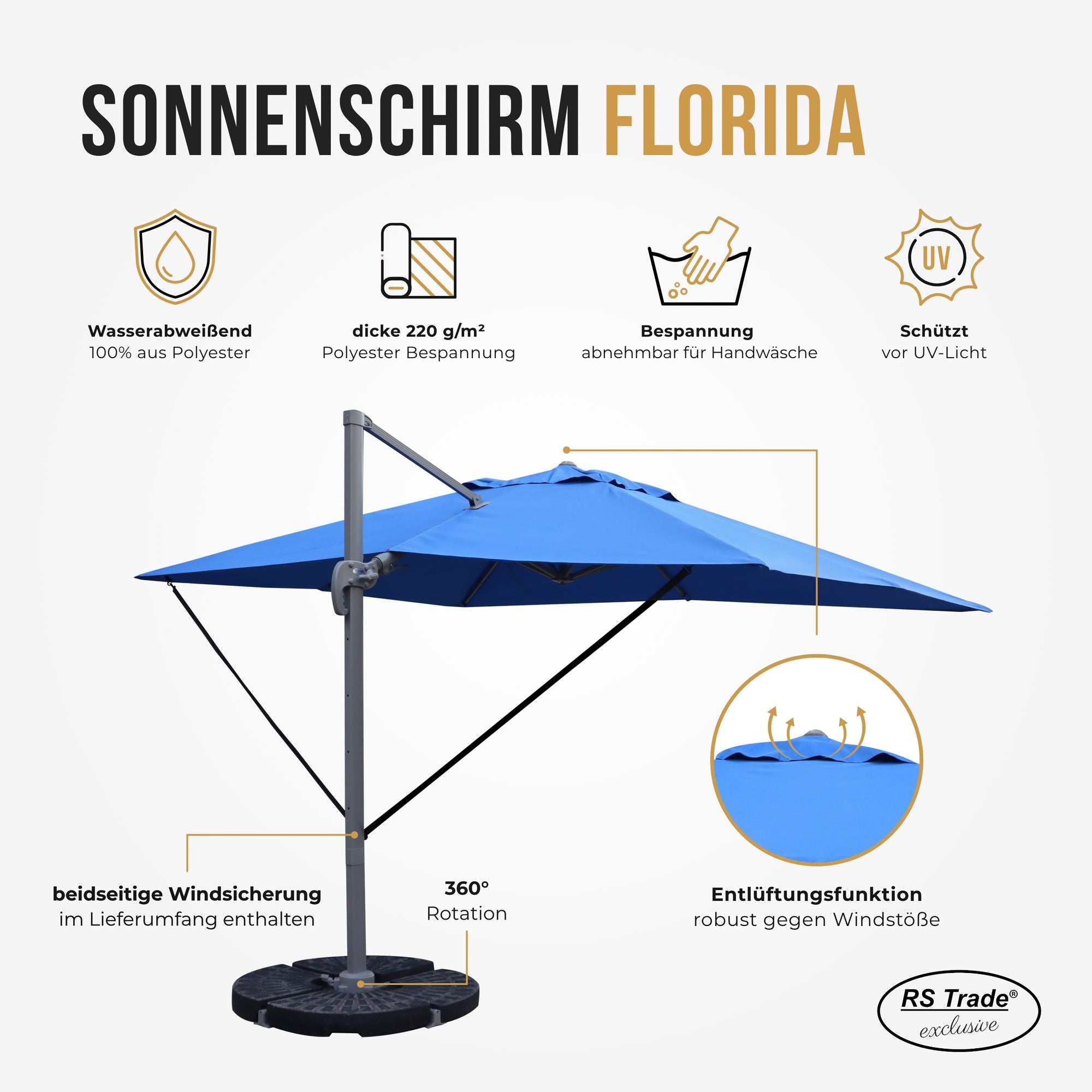 Sonnenschirm Florida, wasserabweisend, UV-Schutz, Bespannung abnehmbar, 360° drehbar, Windsicherung. Blau