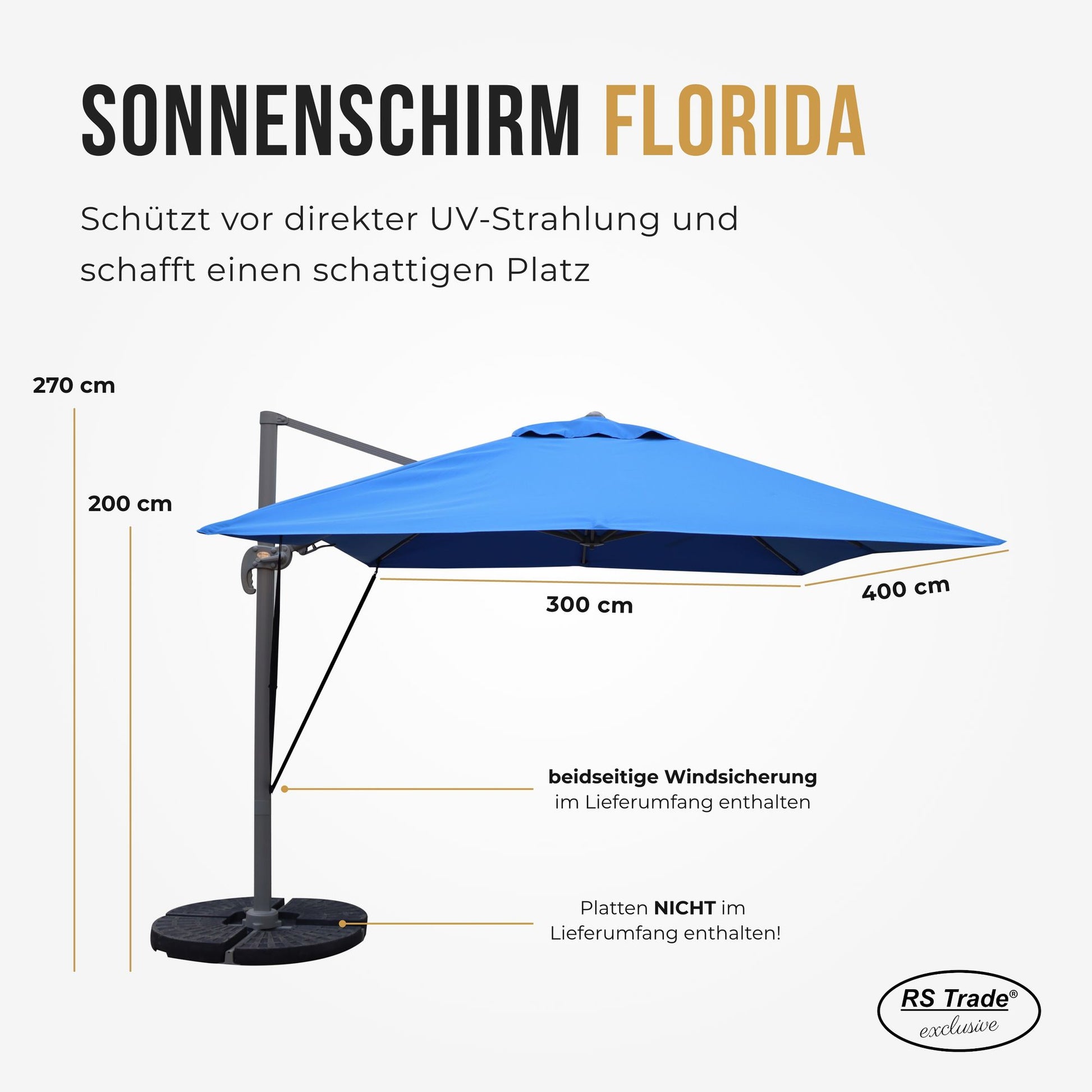 Sonnenschirm Florida, 300x400 cm, beidseitige Windsicherung, UV-Schutz, 270 cm hoch, ideal für Schattenplätze. Blau
