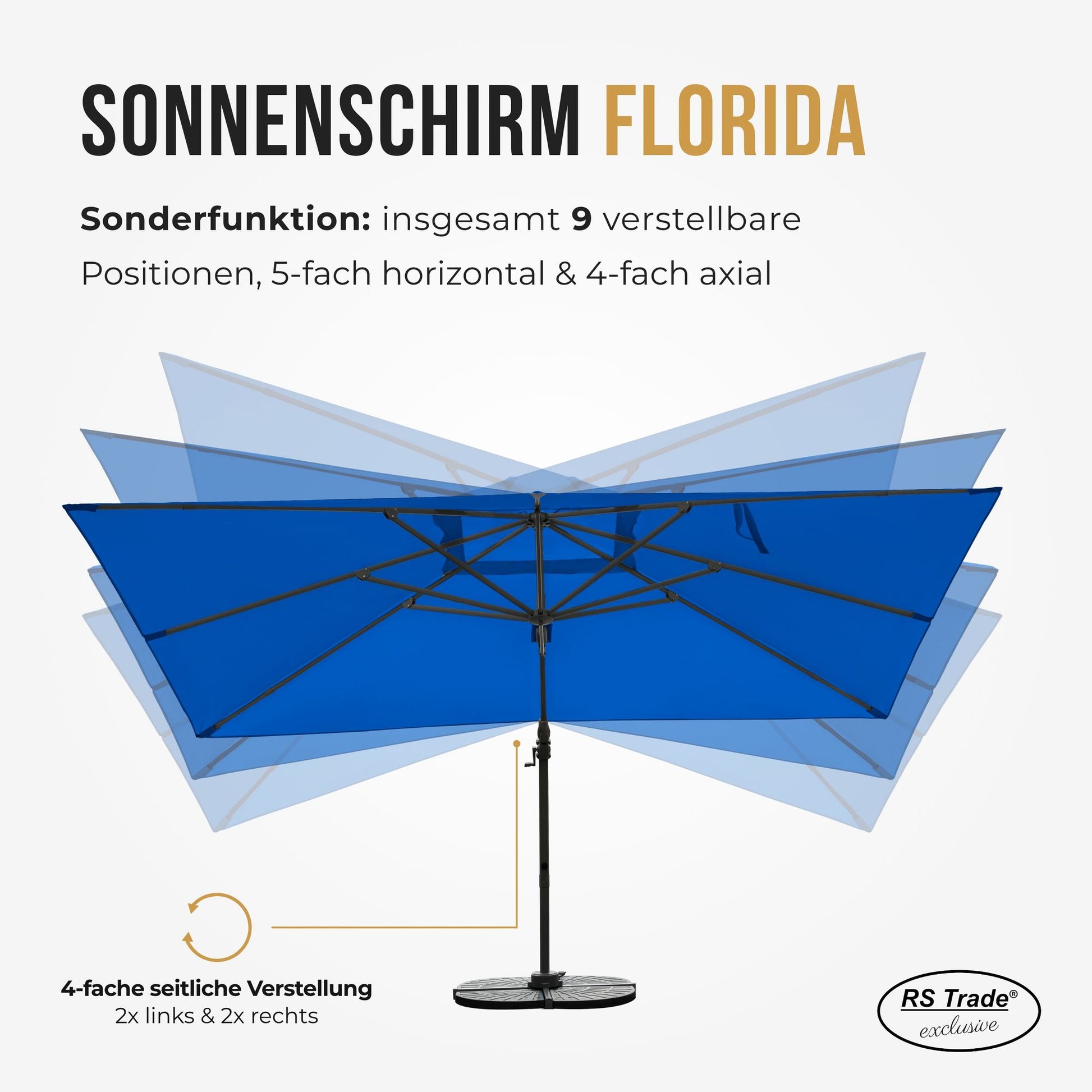 Sonnenschirm mit 9 verstellbaren Positionen, 5-fach horizontal und 4-fach axial schwenkbar. Blau