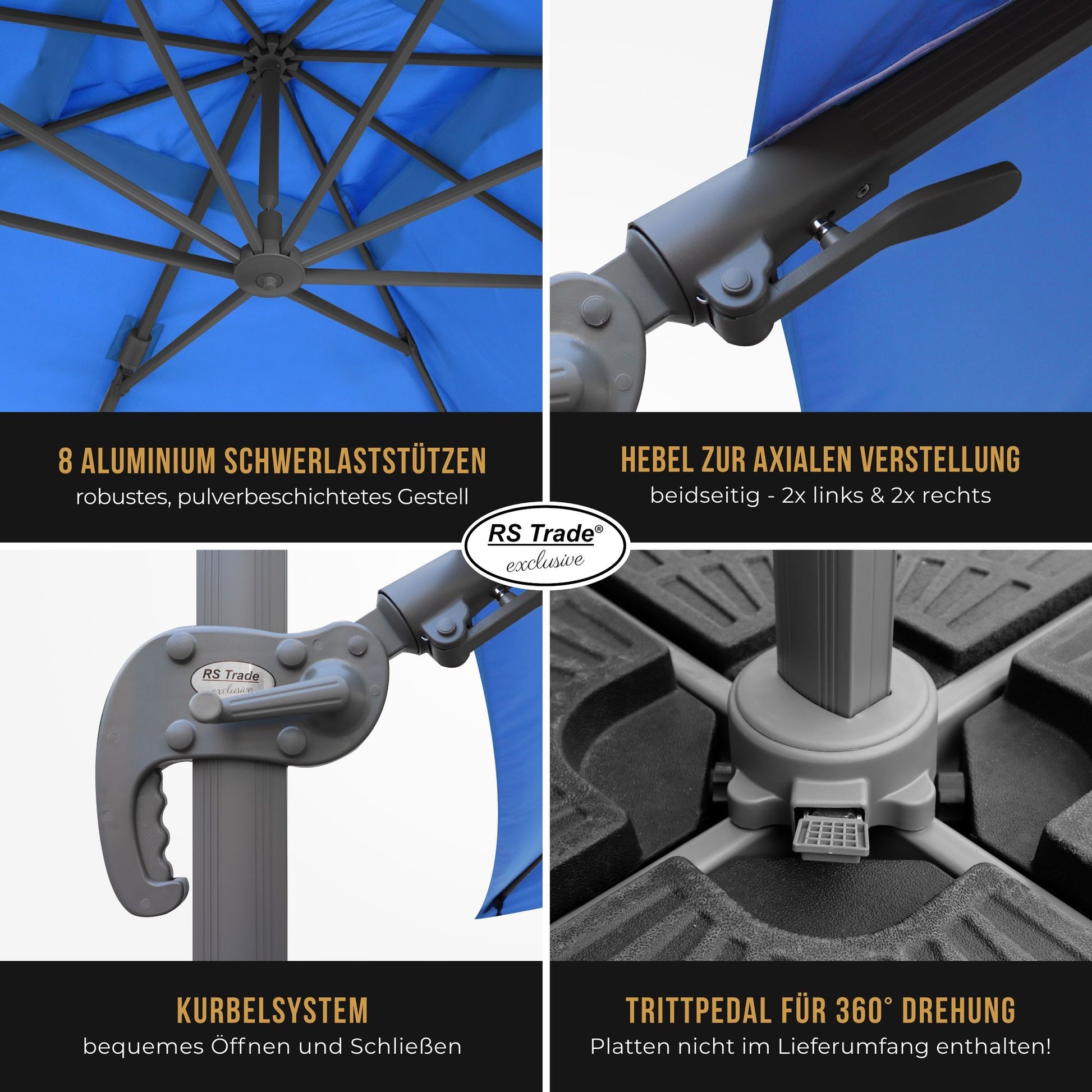 Detailansicht Sonnenschirm Florida: 8 Alu-Stützen, Kurbel, Hebel, Trittpedal für 360°-Drehung. Blau