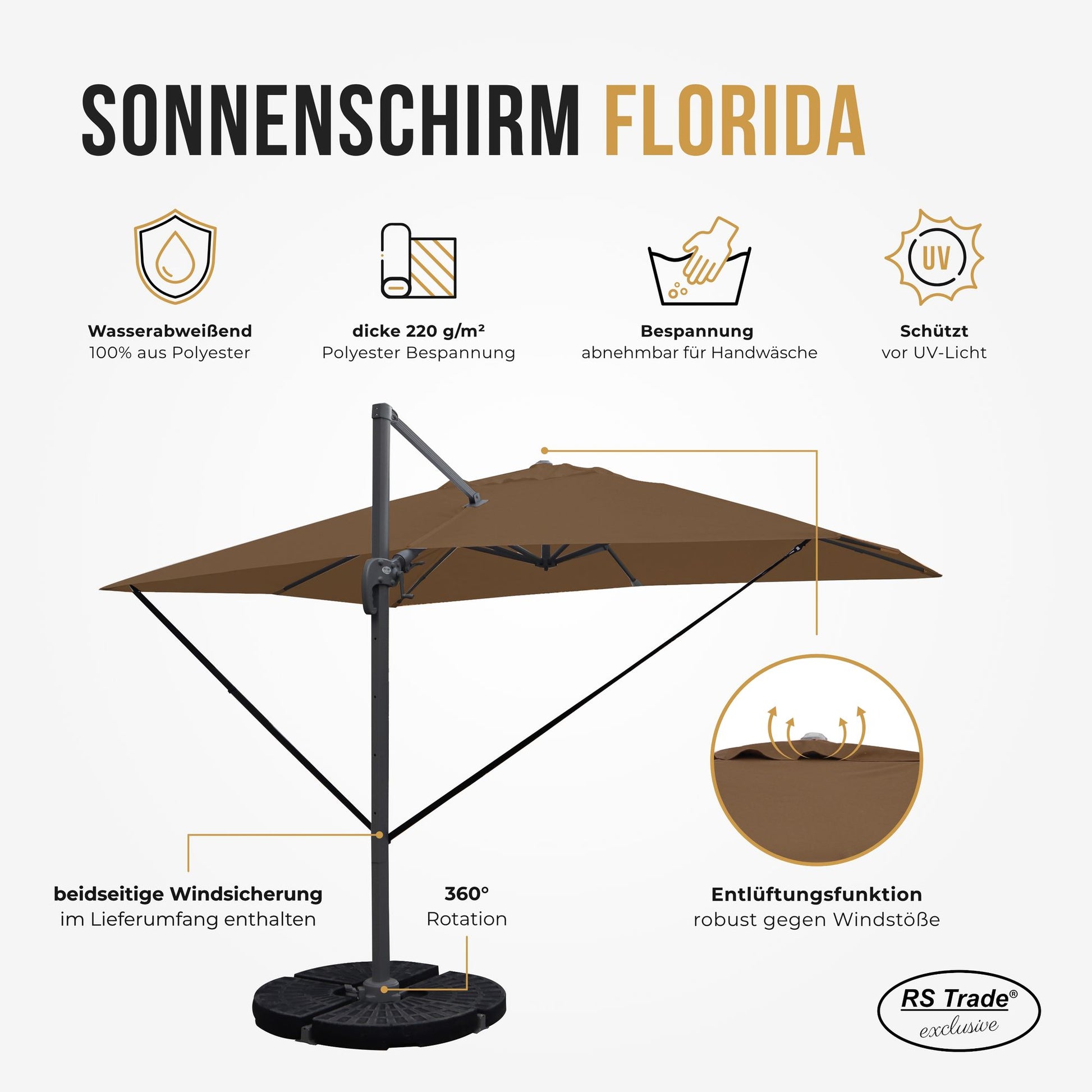 Sonnenschirm Florida, wasserabweisend, UV-Schutz, Bespannung abnehmbar, 360° drehbar, Windsicherung. Braun