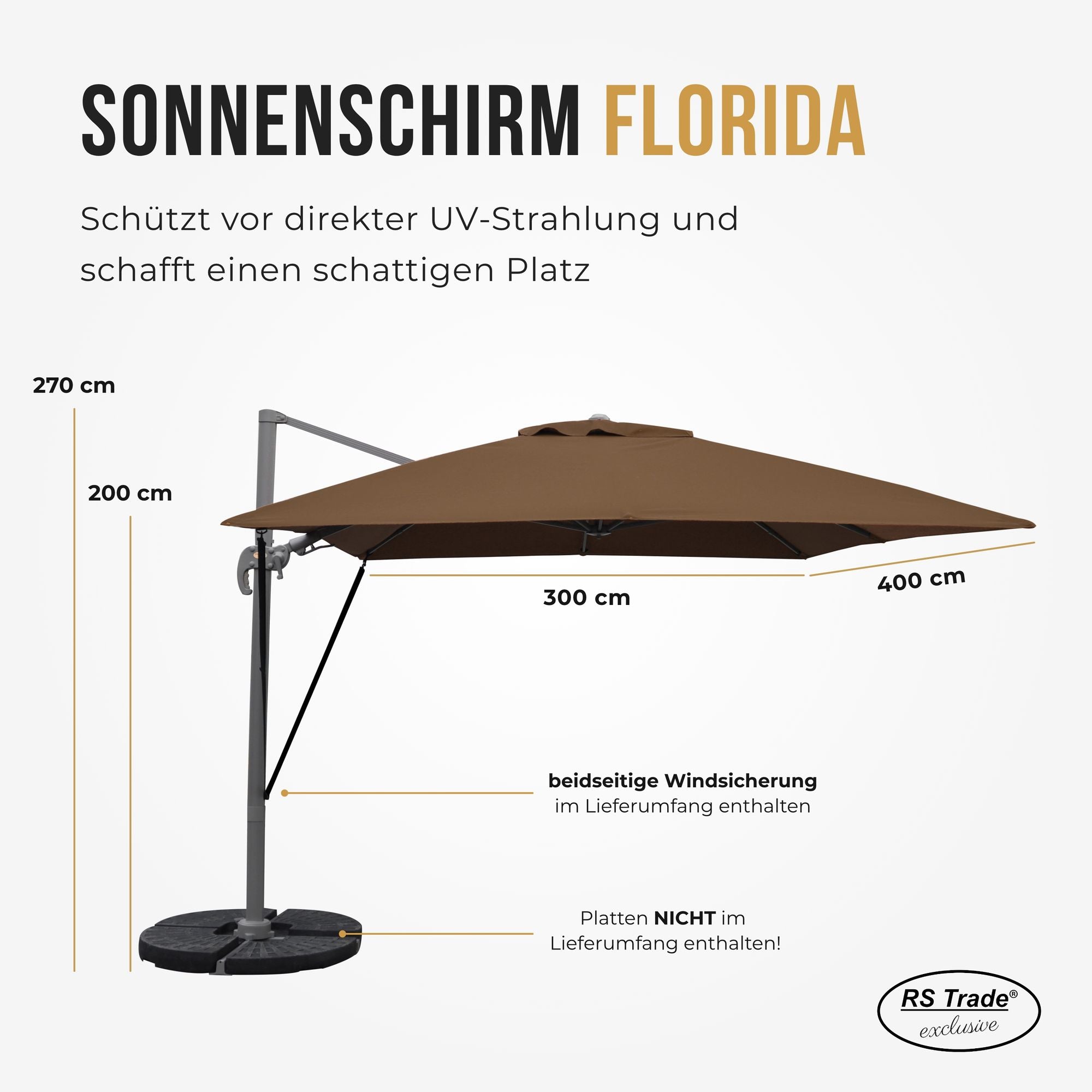 Sonnenschirm Florida, 300x400 cm, beidseitige Windsicherung, UV-Schutz, 270 cm hoch, ideal für Schattenplätze. Braun