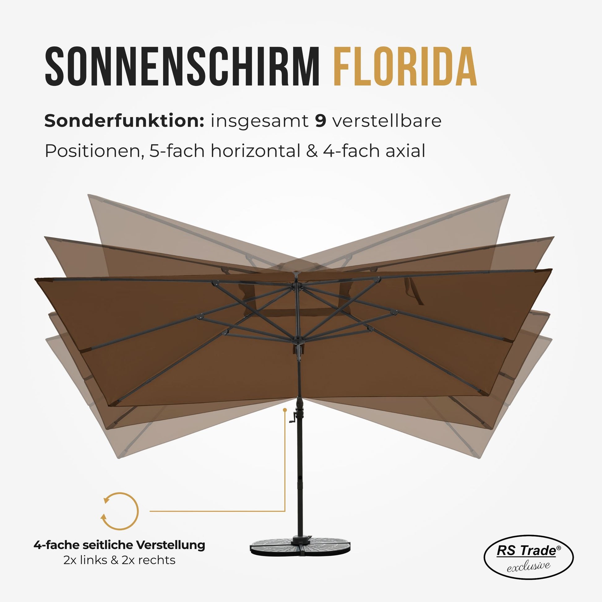 Sonnenschirm mit 9 verstellbaren Positionen, 5-fach horizontal und 4-fach axial schwenkbar. Braun
