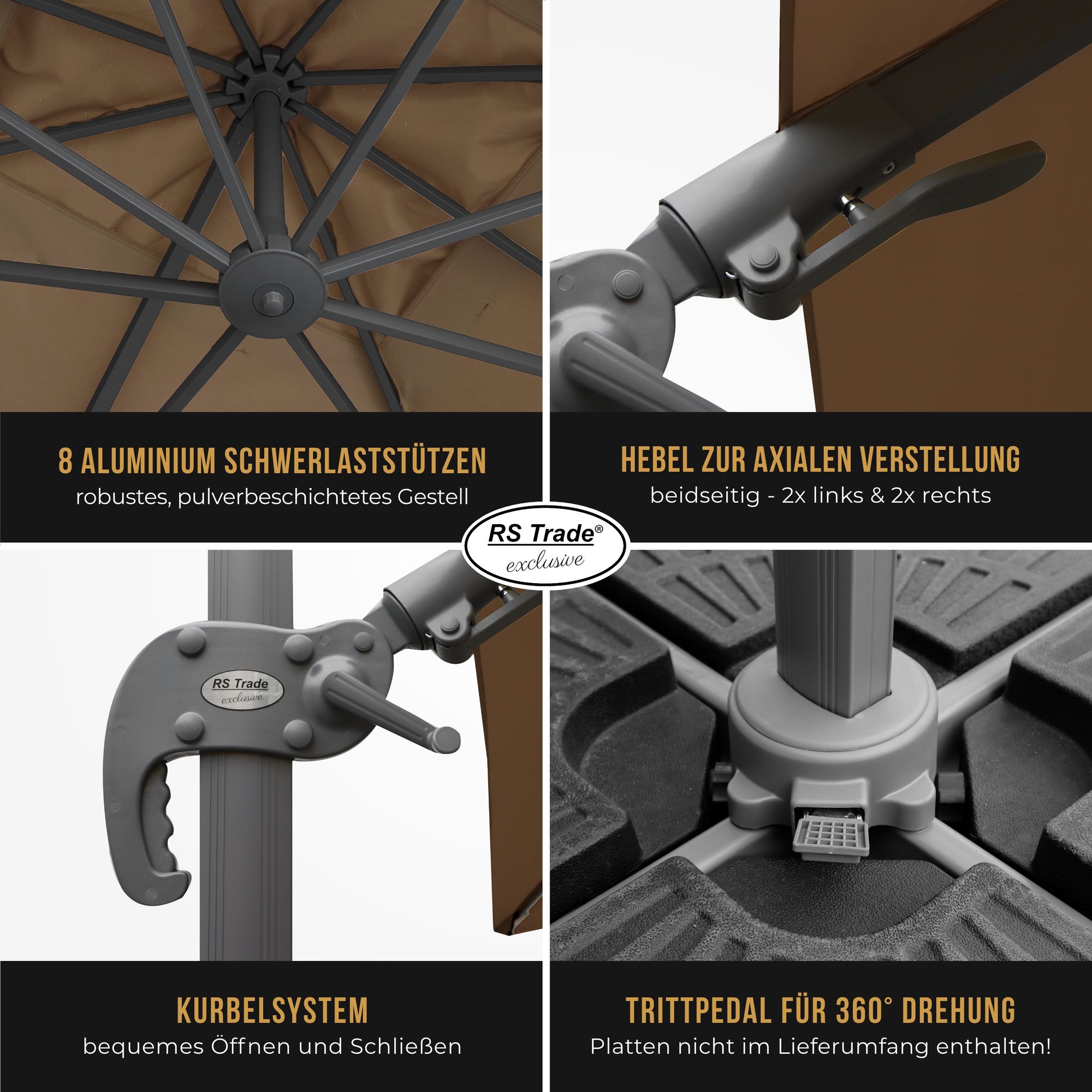 Detailansicht Sonnenschirm Florida: 8 Alu-Stützen, Kurbel, Hebel, Trittpedal für 360°-Drehung. Braun