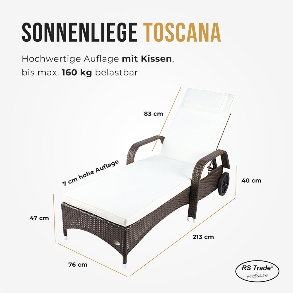 Braune Sonnenliege aus Rattan mit Polsterauflage und Armlehnen. Maße: 213 cm lang, 76 cm breit, 47 cm hoch, Rückenlehne 83 cm, Auflage 7 cm stark. Belastbar bis 160 kg.
