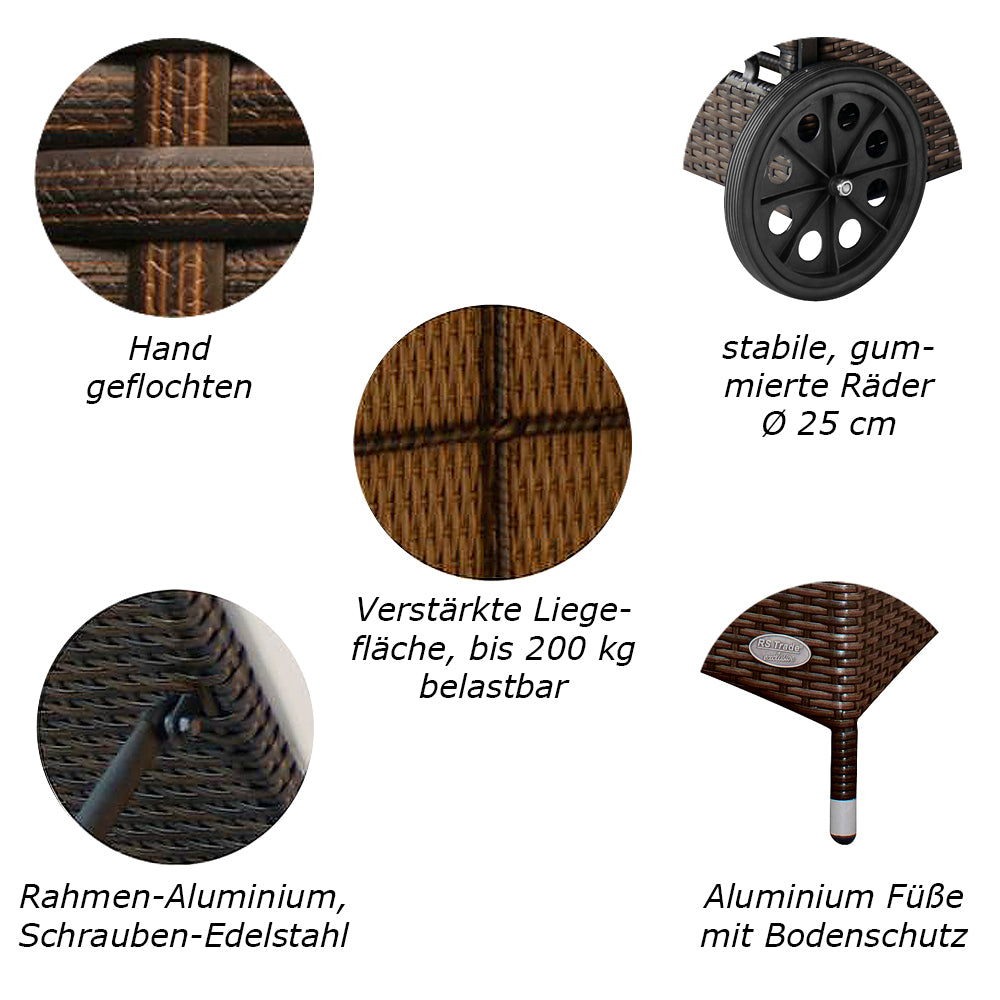Detailansichten: Handgeflecht, gummierte Räder, Aluminiumfüße und verstärkte Liegefläche. Braun / Grau