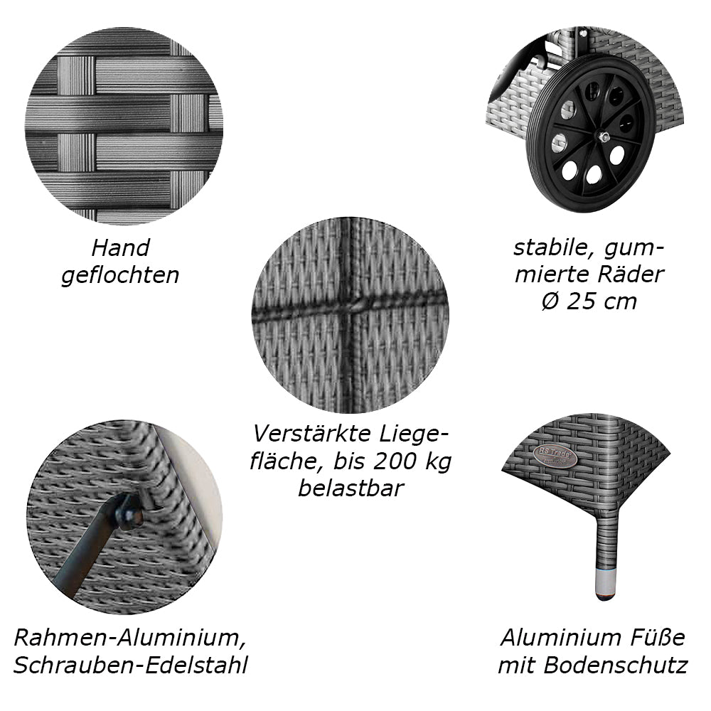 Detailansichten: Handgeflecht, gummierte Räder, Aluminiumfüße und verstärkte Liegefläche. Grau