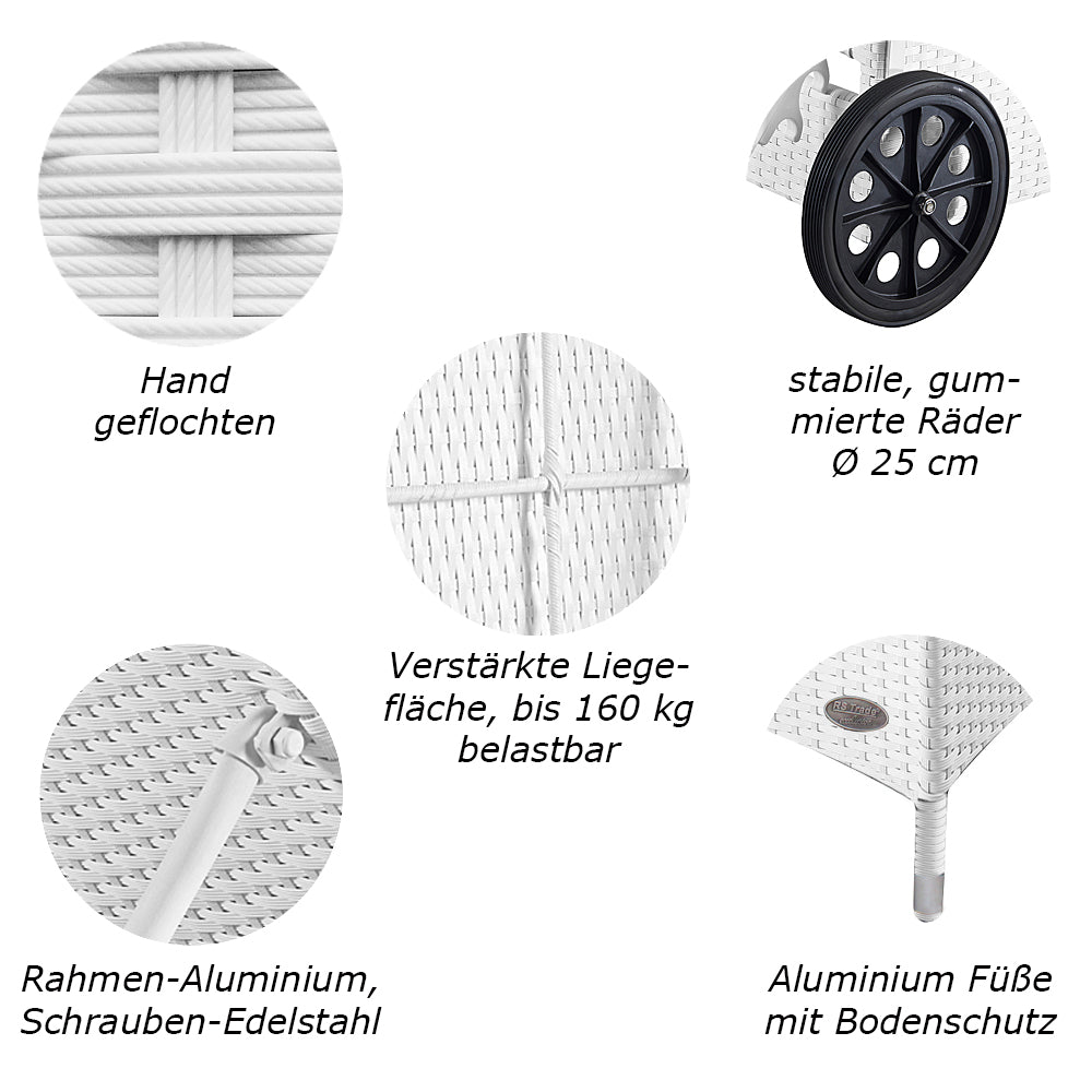 Detailbilder der Sonnenliege: Handgeflochtenes Rattan, Rollen, Füße, Rahmen und Liegefläche. Weiß.