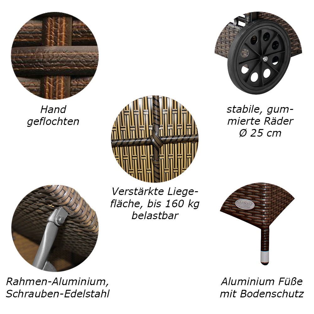 Detailbilder der Sonnenliege: Handgeflochtenes Rattan, Rollen, Füße, Rahmen und Liegefläche. Braun.