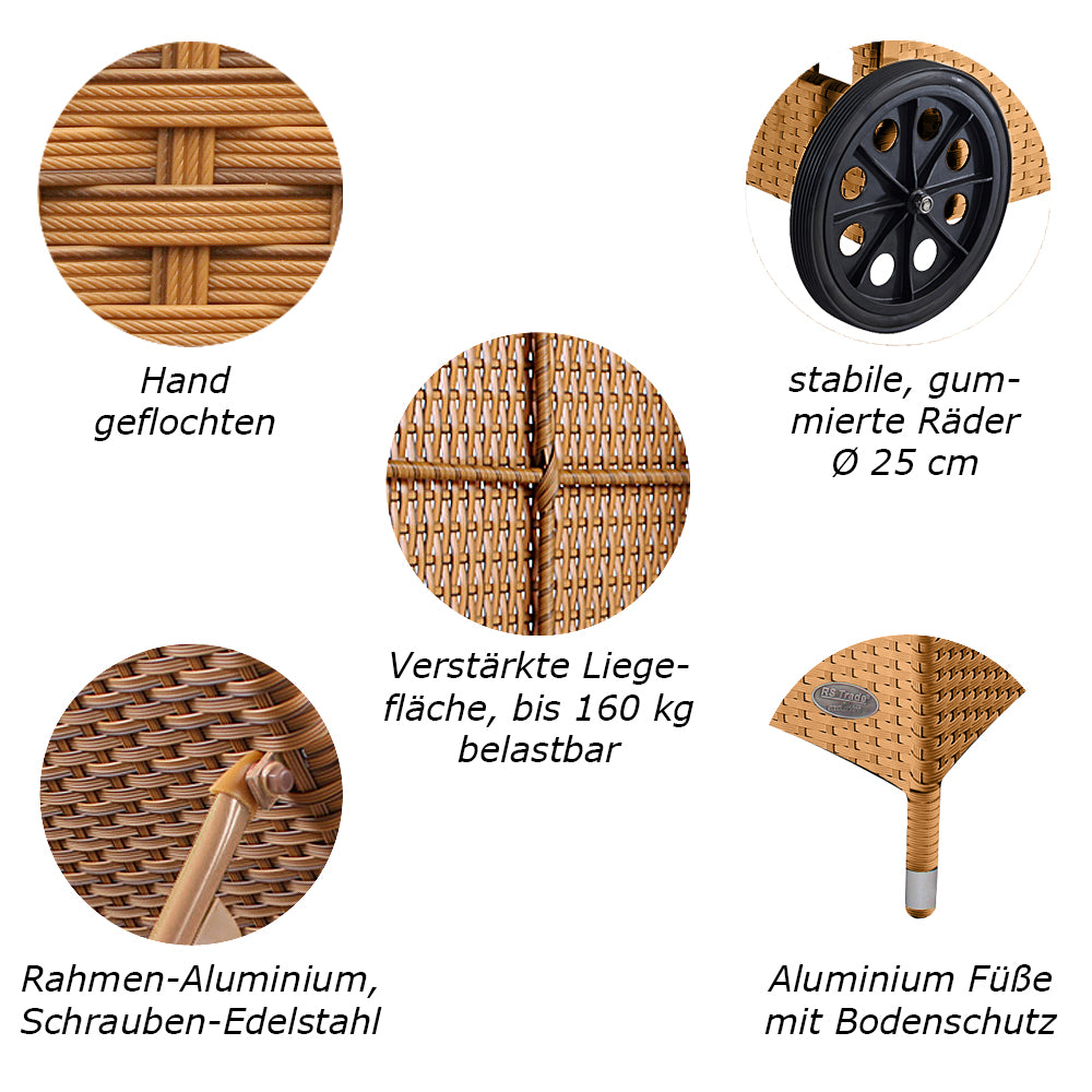 Detailbilder der Sonnenliege: Handgeflochtenes Rattan, Rollen, Füße, Rahmen und Liegefläche. Natur.