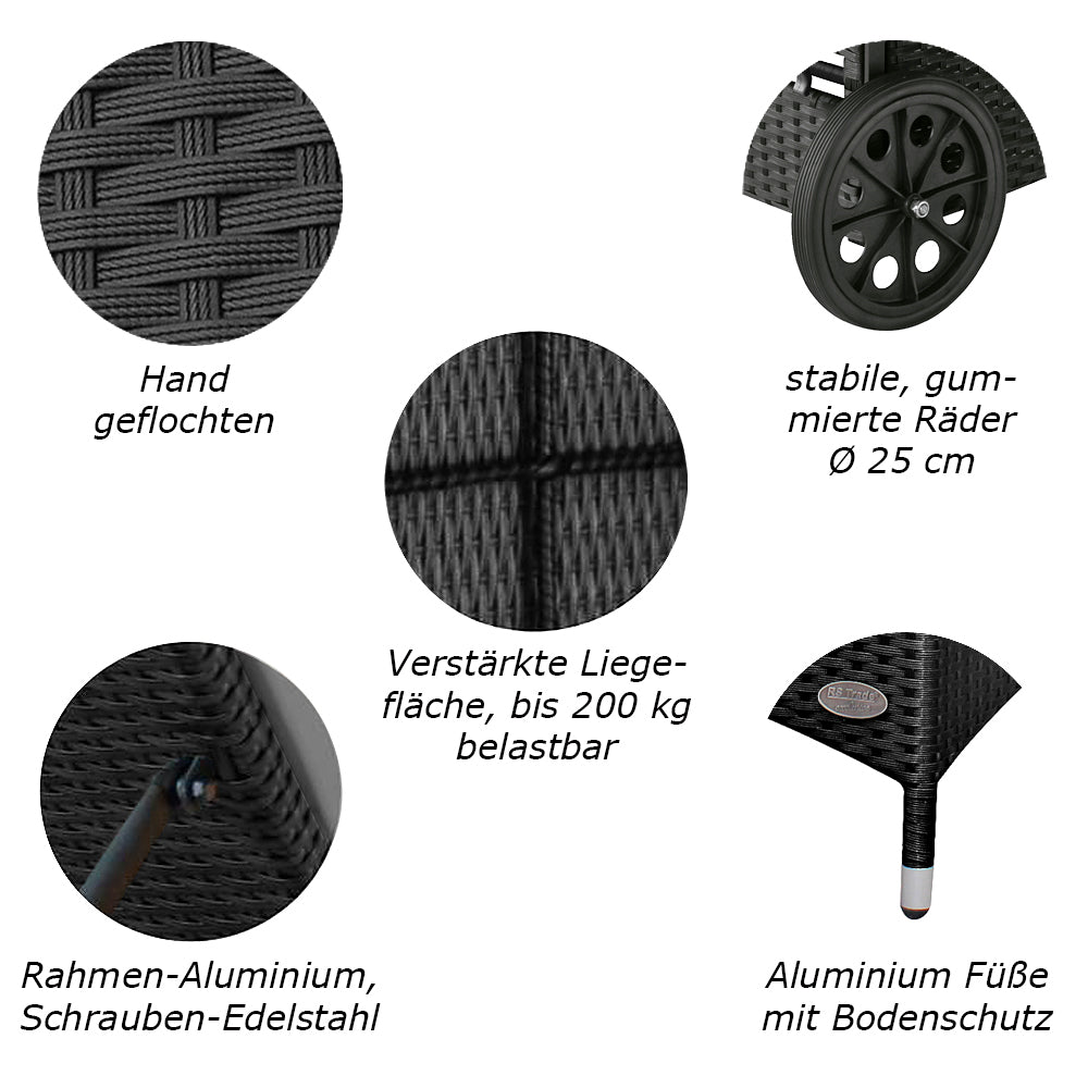 Detailansichten: Handgeflecht, gummierte Räder, Aluminiumfüße und verstärkte Liegefläche. schwarz /grau