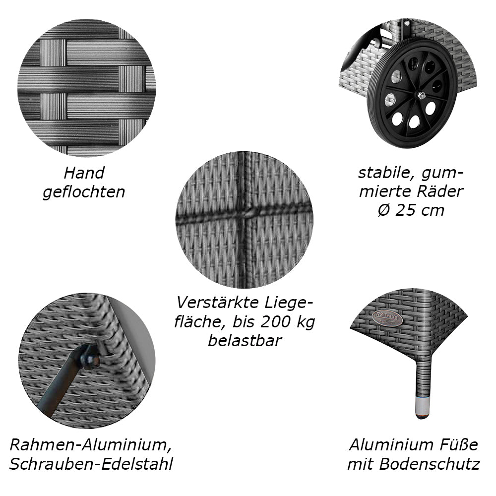 Detailansichten: Handgeflecht, gummierte Räder, Aluminiumfüße und verstärkte Liegefläche. Grau / Silber