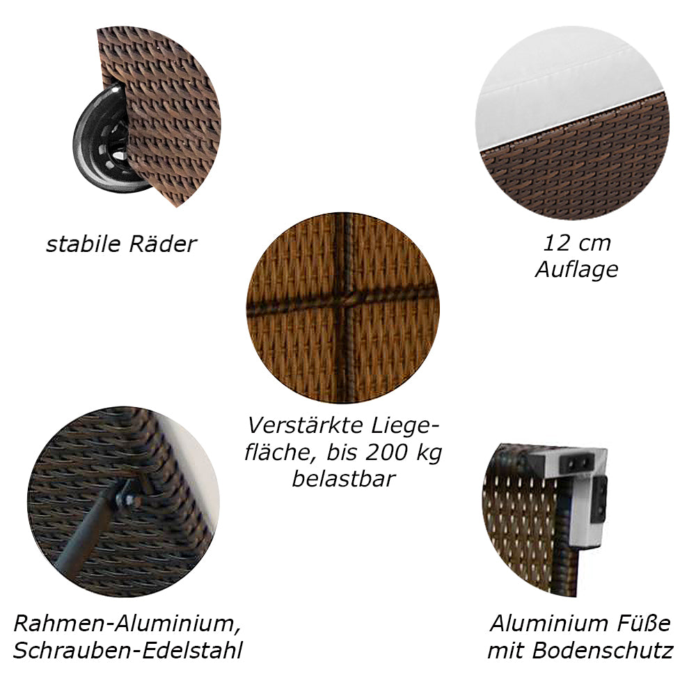 Stabile Räder, 12 cm dicke Auflage, verstärkte Liegefläche, rostfreie Materialien, Aluminiumboden. Braun.