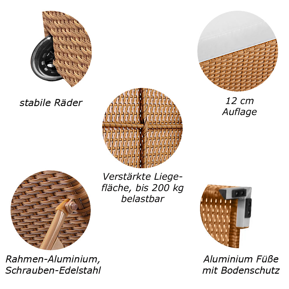 Stabile Räder, 12 cm dicke Auflage, verstärkte Liegefläche, rostfreie Materialien, Aluminiumboden. Natur.