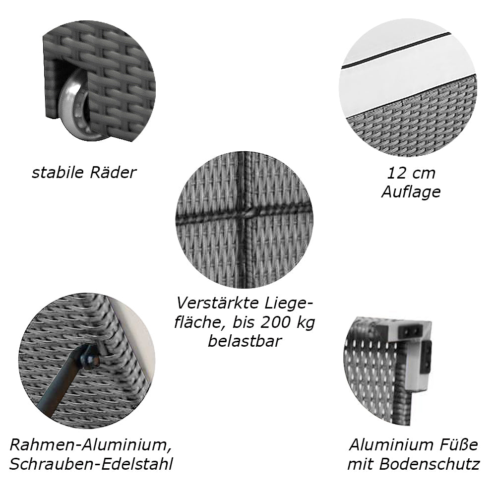 Stabile Räder, 12 cm dicke Auflage, verstärkte Liegefläche, rostfreie Materialien, Aluminiumboden. Grau.