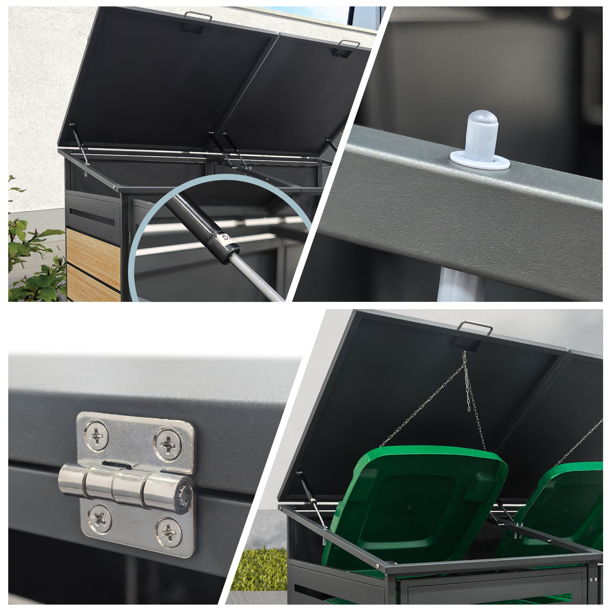 Detailansicht der Mülltonnenbox: Deckel mit Gasdruckfeder, Scharnier, Dämpfer und grüne Mülltonnendeckel. 3er Box 1
