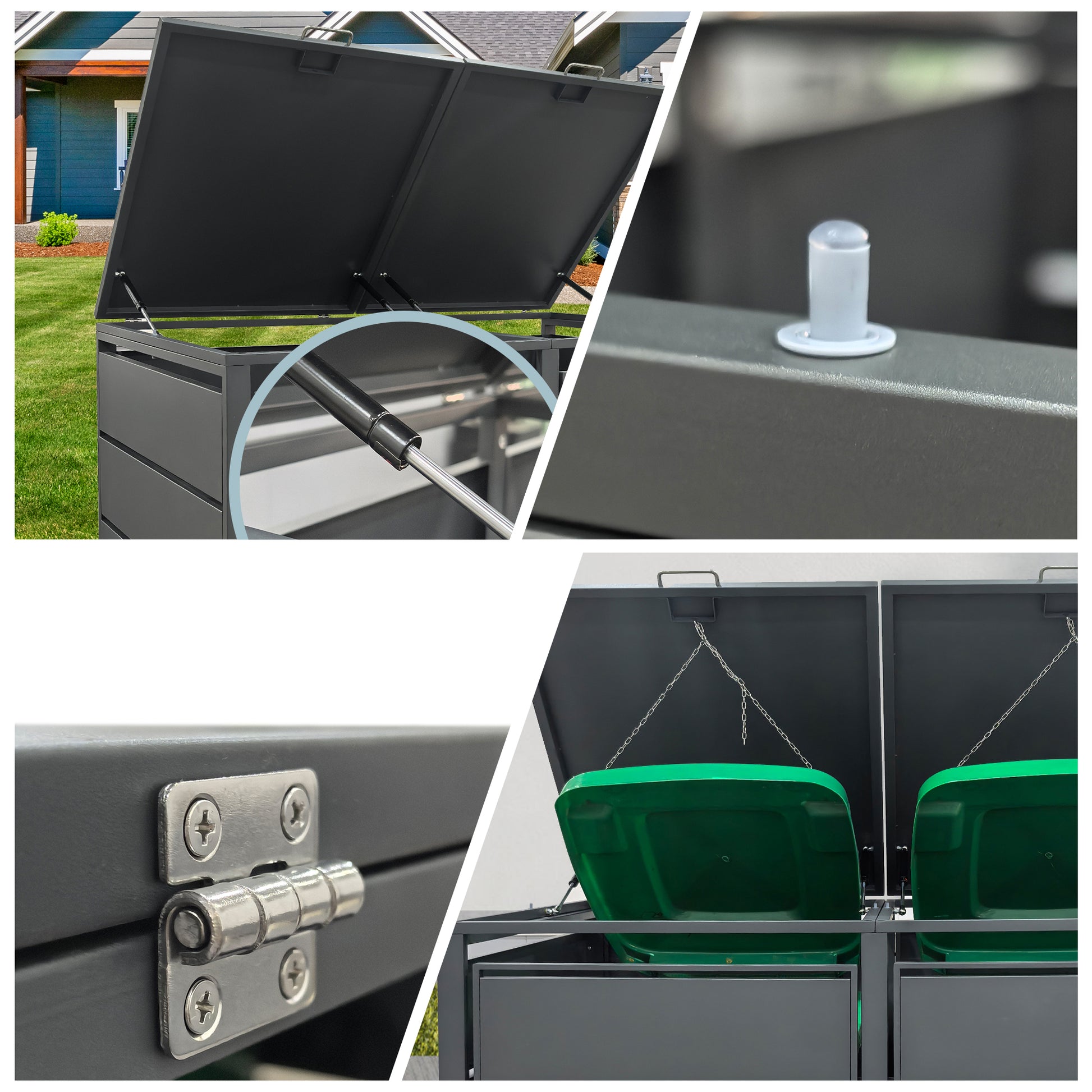 Detailansicht der Mülltonnenbox: Deckel mit Gasdruckfeder, Scharnier, Verbindung und Innenansicht. 4er Box1