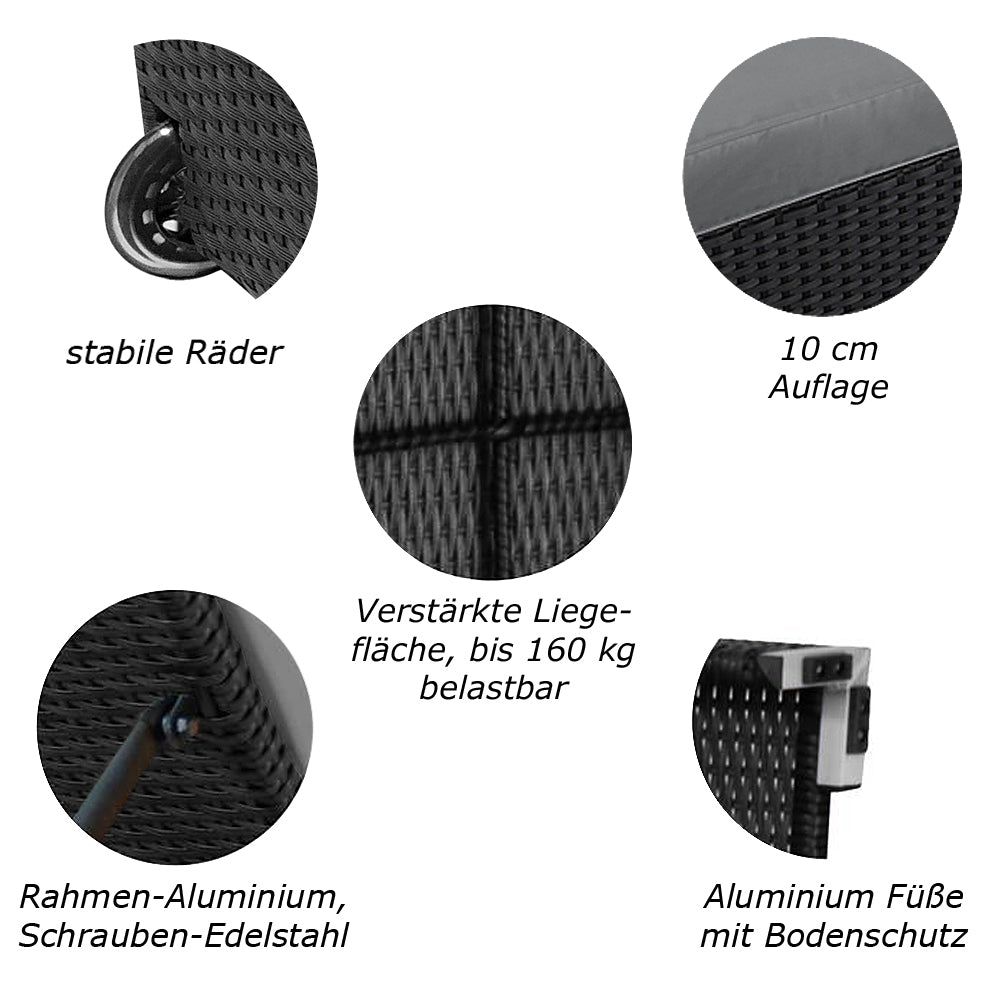 Detailansicht der hochwertigen Materialien und Funktionen der Sonnenliege. Schwarz / Grau.