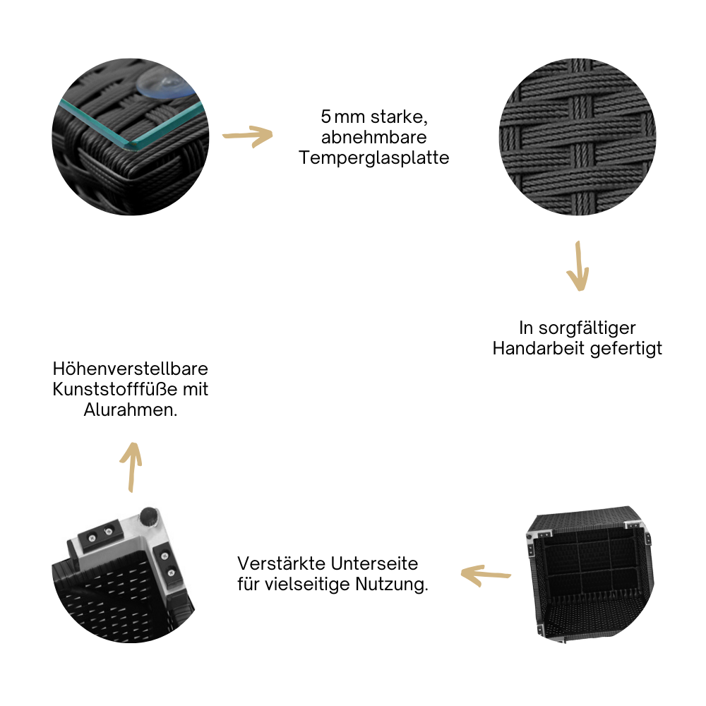 Detailansicht eines schwarzen Rattantischs von RS Trade mit Glasplatte und verstärkter Unterseite. Schwarz.