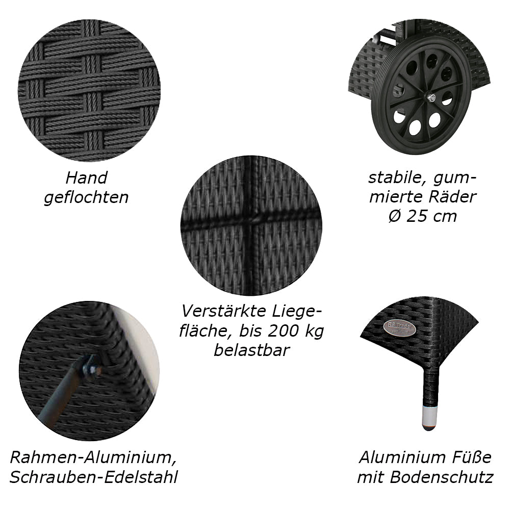 Detailansichten: Handgeflecht, gummierte Räder, Aluminiumfüße und verstärkte Liegefläche. schwarz