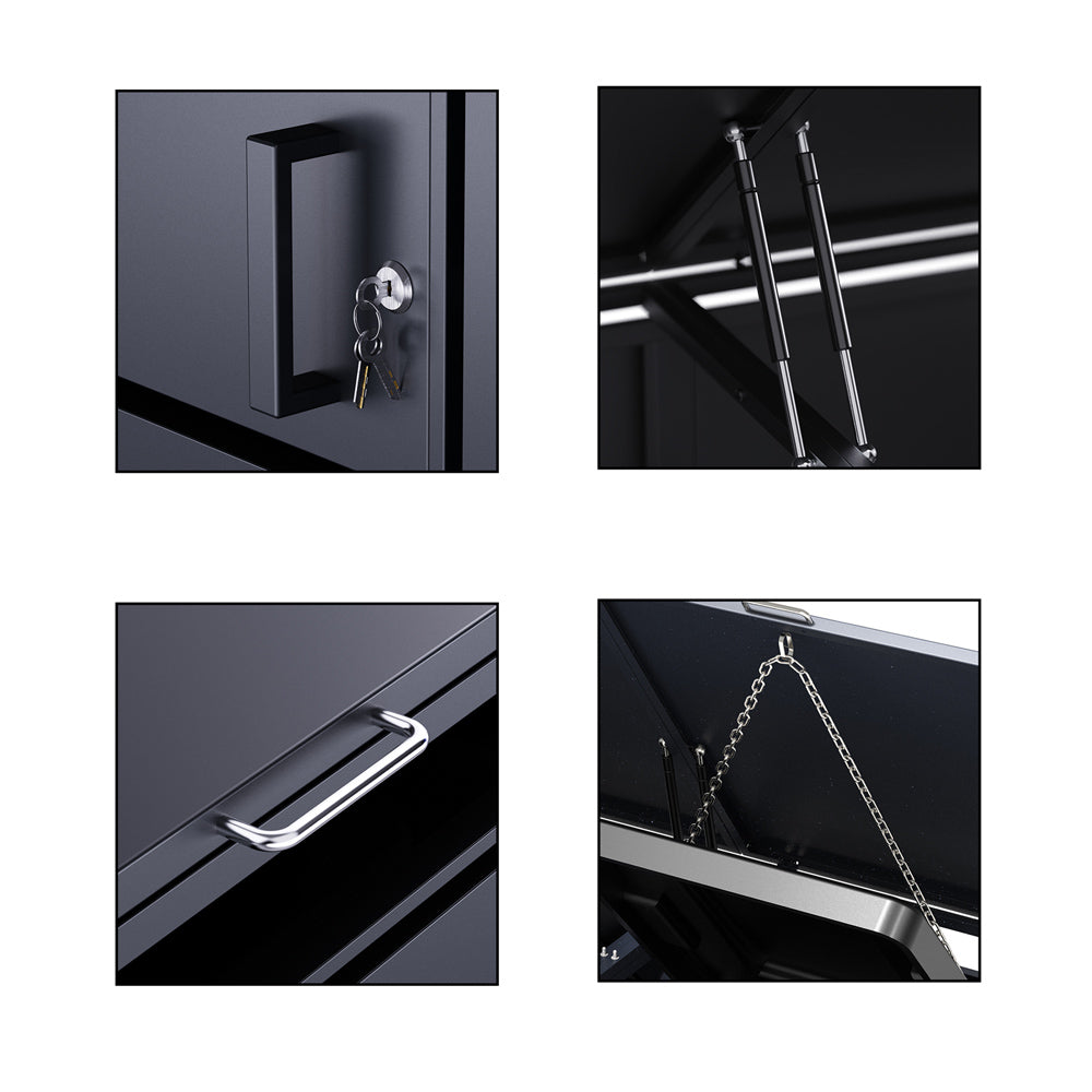 Detailansichten der Mülltonnenbox: Schloss, Gasdruckdämpfer, Griff und Deckelmechanik.